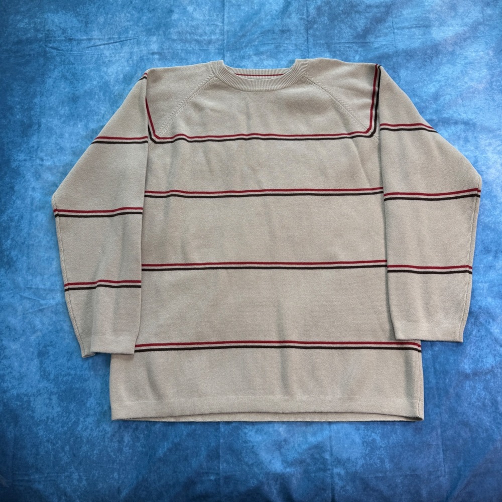 Blue Ink Mens XL Tan Striped Crewneck Sweater Cotton Blend Raglan Long Sleeve